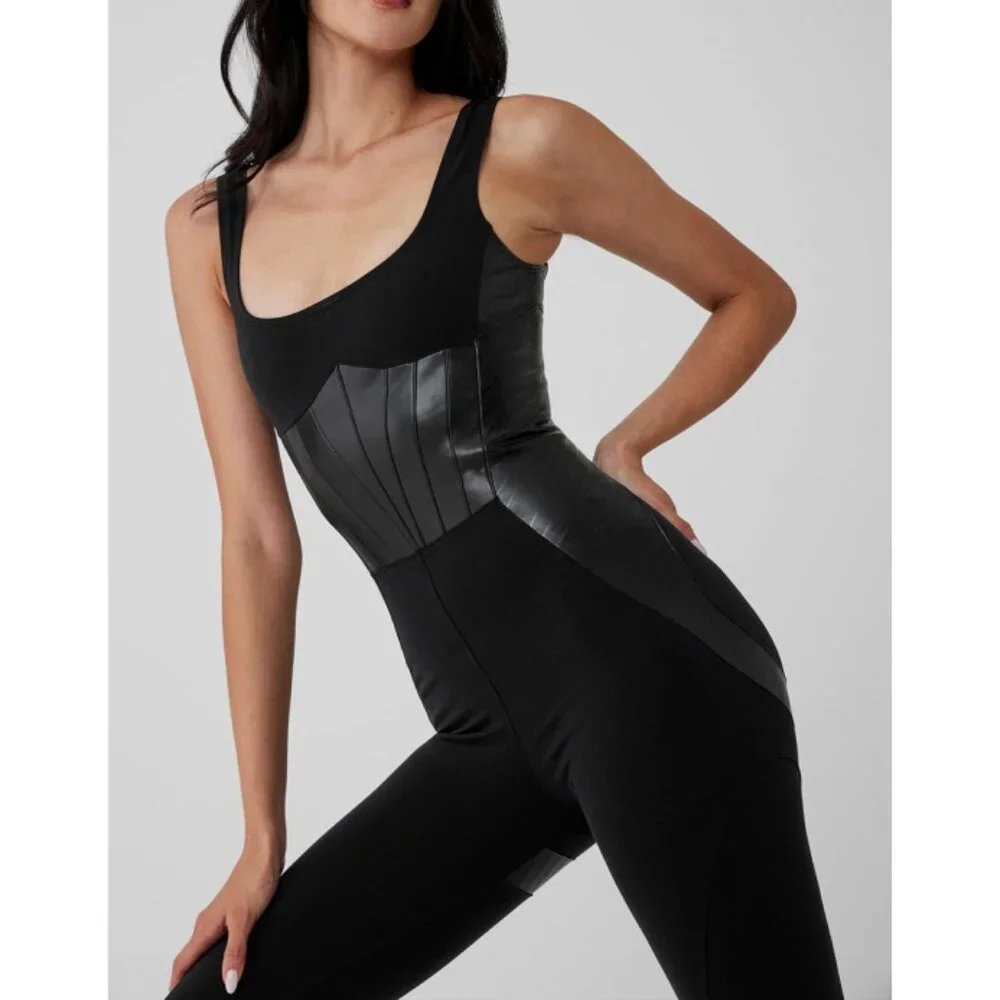 Alo Airbrush Racing Onesie Black Faux Leather Edgy Moto Biker One-Piece Jumpsuit